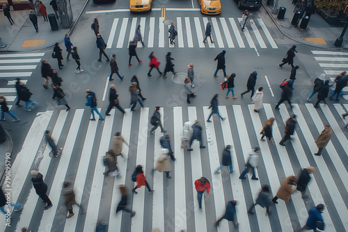 “Urban Hustle” A bustling city crosswalk with pedestrians in motion.