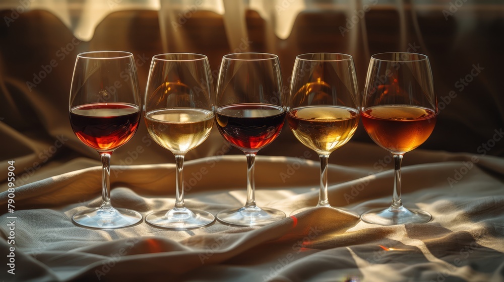   A collection of wine glasses arranged on a table, covered by a tablecloth