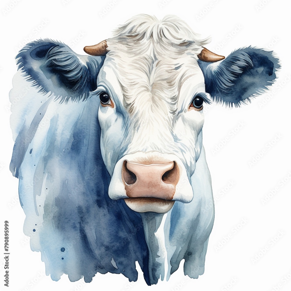 A closeup illustration of a friendly cow its fur detailed in various shades of watercolor blues giving it a soothing artistic look