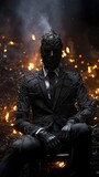 A man in suit surreal character turning into ashes under the smoke of cigarettes, burning matches, surreali, black and white, emotional, gothic themed photography