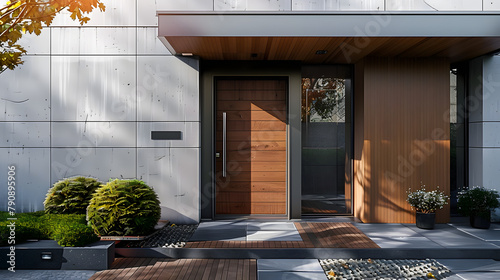 Modern entrance door with wood effect, Wall covering. Generative AI photo