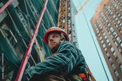 Construction worker on scaffolding working on tall building under clear blue sky