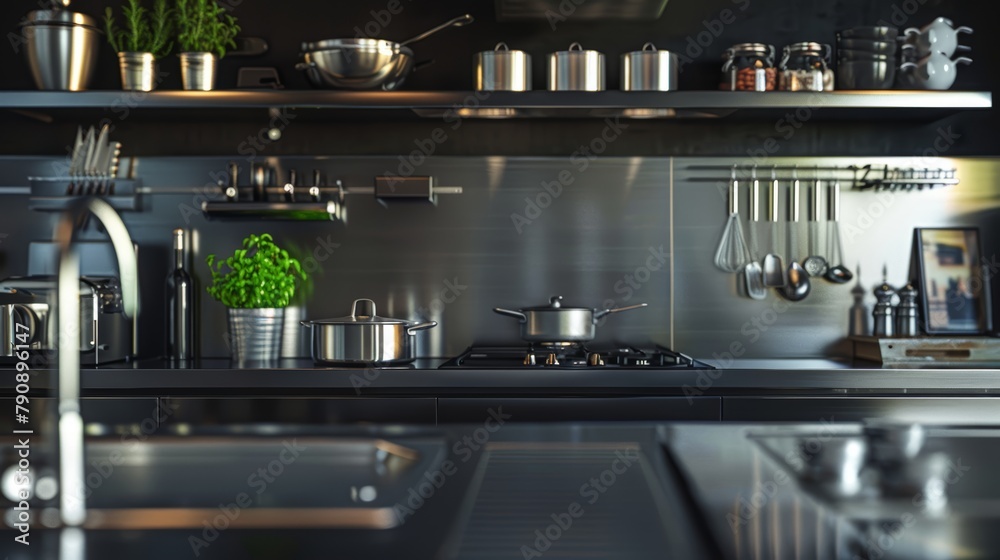 Industrial kitchen featuring stainless steel elements and dark matte black walls, close-up in high resolution showcases the sleek, modern contrast