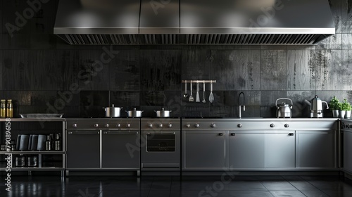 High-resolution view of an industrial kitchen with shiny stainless steel details against stark matte black walls, emphasizing a bold and professional look