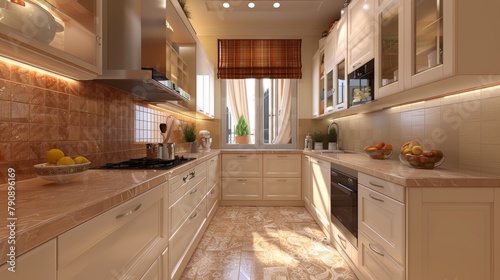 Intimate and warm kitchen design with soft beige cabinets complemented by terracotta wall tiles, in high resolution to showcase the texture and depth