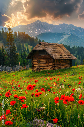 Cute log cabin in the mountains, green grass and wild flowers