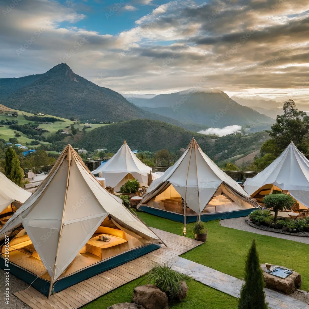 the mountains glamping tents nestled the lush countryside, travelers a luxurious in harmony