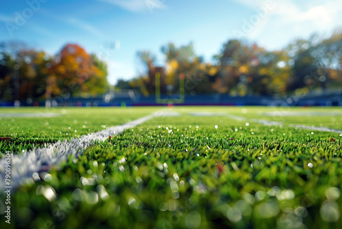 American football arena, grass field and blurred fans at playground view.