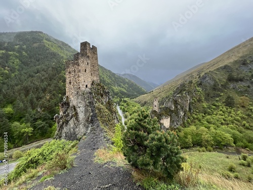 The tower complex of Vovnushki. The Republic of Ingushetia, Russia. View of the Ingush defensive towers inside the North Caucasus. photo