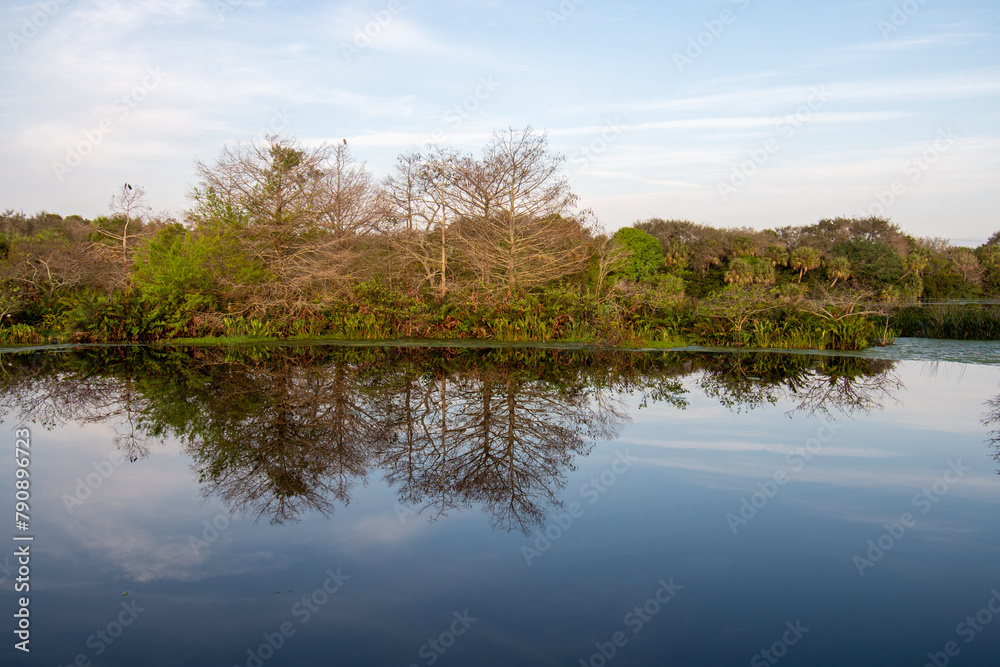 Constructed wetlands of Green Cay Nature Center in Boynton Beach, Florida at sunrise on calm winter morning.