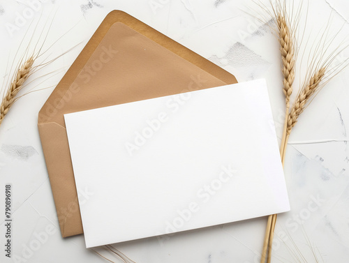 Présentation soignée d'un carton d'invitation blanc sur fond blanc-gris, mockup professionnel avec une esthétique simple, brins de blé pour une touche d'authencité photo
