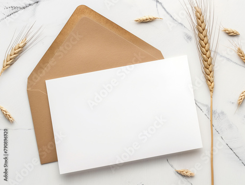Mise en sc  ne simple d un carton d invitation vierge blanc sur fond blanc-gris  mockup   l  gant d  cor   par des brins de bl   pour une touche estivale