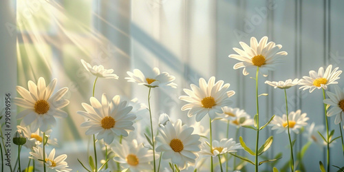 Beautiful white daisies basking in sunlight in front of a window sill