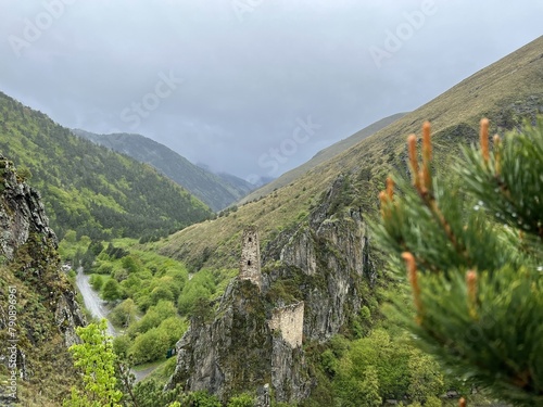 The tower complex of Vovnushki. The Republic of Ingushetia, Russia. View of the Ingush defensive towers inside the North Caucasus. photo