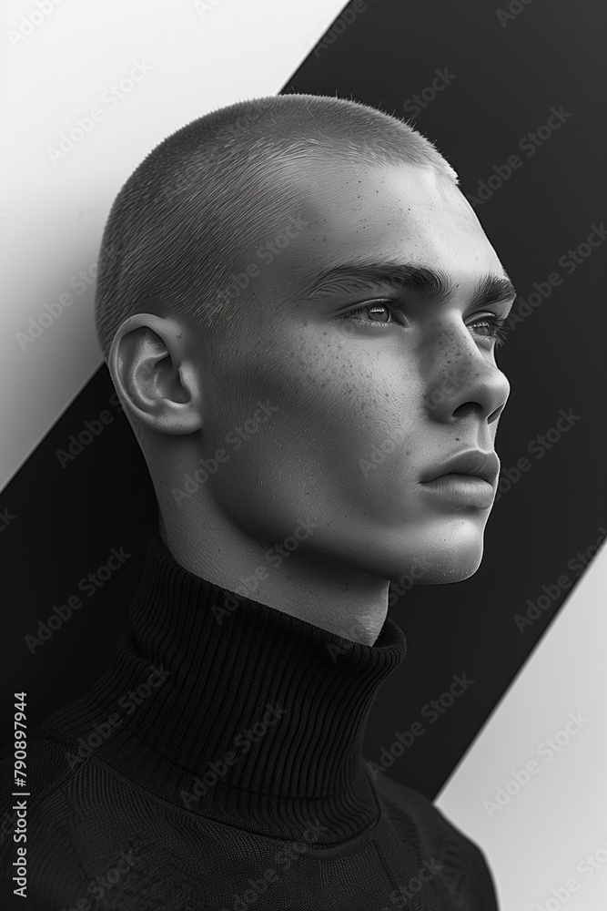 Black and white minimalist fashion portrait of a man with a bald head Black and white minimalist fashion portrait of a man with a bald head