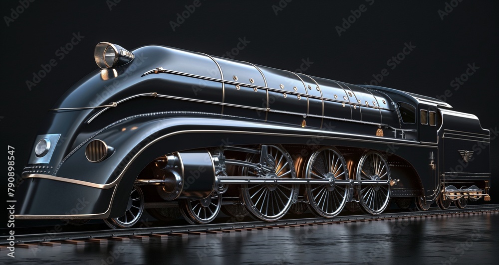 Classic Art Deco locomotive design featuring elegant decorative elements and streamlined form. 3D Render. - obrazy, fototapety, plakaty 