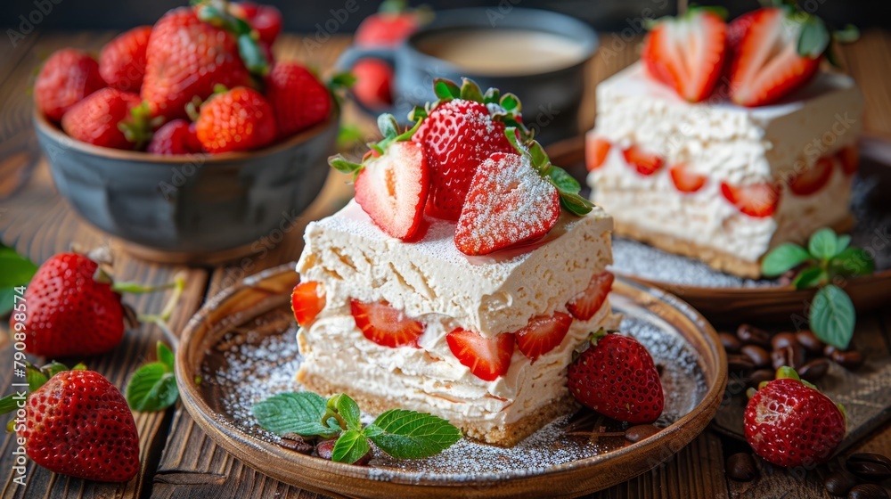   A tight shot of a cake slice on a plate, adorned with strawberries In the backdrop, a cup of coffee in a bowl