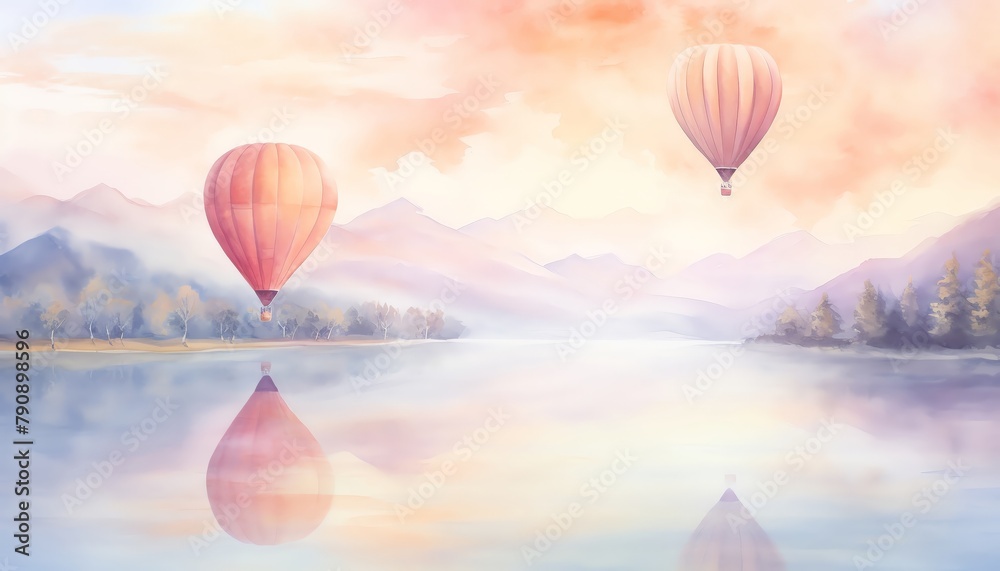 Dreamy watercolor painting of a hot air balloon floating gently over a ...