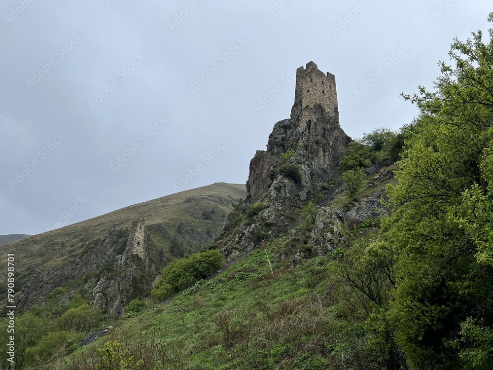 The tower complex of Vovnushki. The Republic of Ingushetia, Russia. View of the Ingush defensive towers inside the North Caucasus.