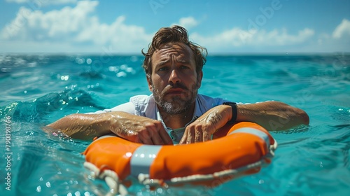 Pensive man in a light shirt wearing a lifebuoy in the open ocean