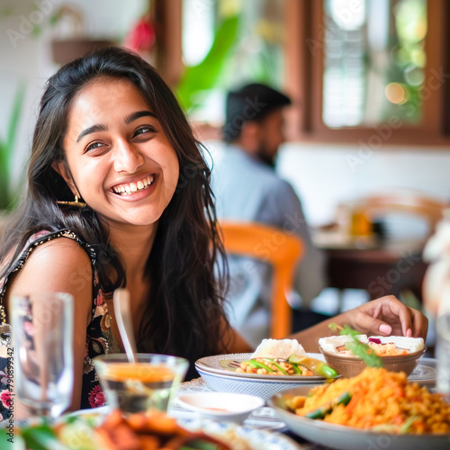 Young indian woman laughing at restaurant on dining table while enjoying food