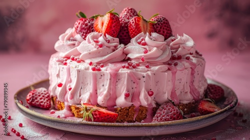   A tight shot of a cake on a plate, adorned with strawberries atop its peak The remainder of the cake lies beneath photo
