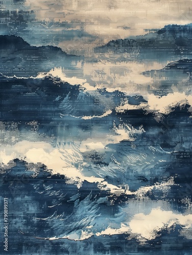Abstract pattern of horizontal brush strokes in navy blue, gray and white