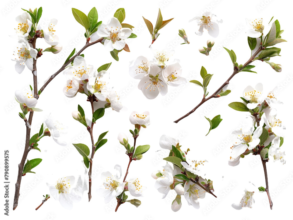 Set of branches of almond blossoms, delicate and white