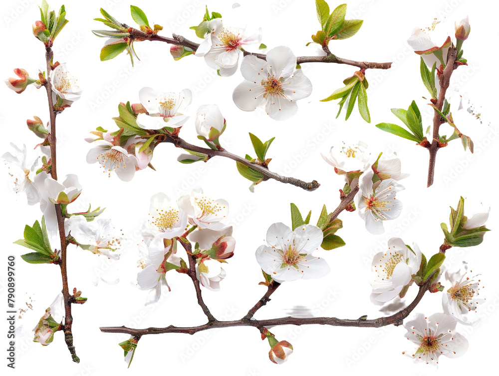 Set of branches of blooming almond trees, pink petals against sky