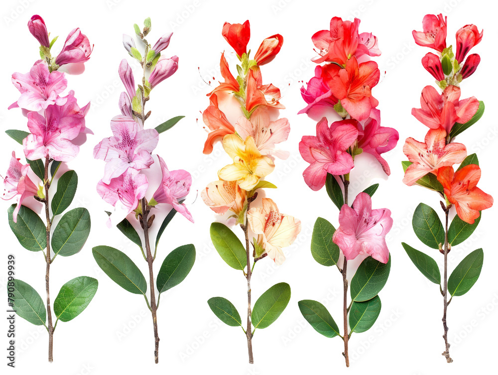Set of branches of blooming azaleas, pink and vibrant