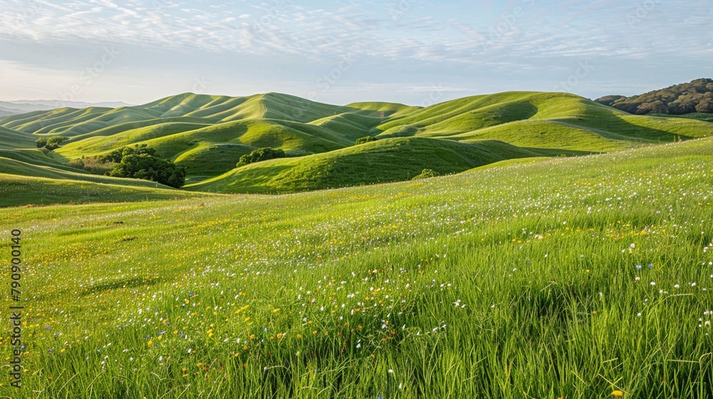 Rolling hills carpeted with lush green grass and dotted with colorful blooms, a sight to behold in the refreshing days of spring.