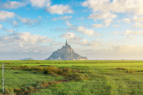 Mont Saint Michel abbey on the island with green meadow at sunrise, Normandy, Northern France, Europe. Tidal island with medieval gothic cathedral in Normandie. Travel and touristic destination