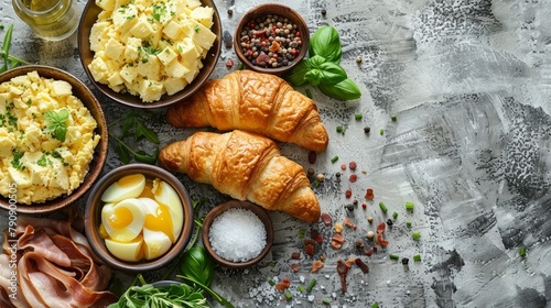  A table laden with bowls of food and a croissant beside a steaming cup of coffee, accompanied by two additional croissants
