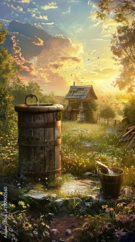 Painting of a wooden barrel in a field with a wooden house in the background. Vertical background 