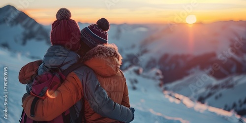 Couple of Hikers Embracing at Snowy Mountain Summit During Sunset Celebrating Successful Climb