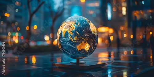 Illuminated Digital Globe Showcasing Environmental Data and Climate Metrics on Public Display photo