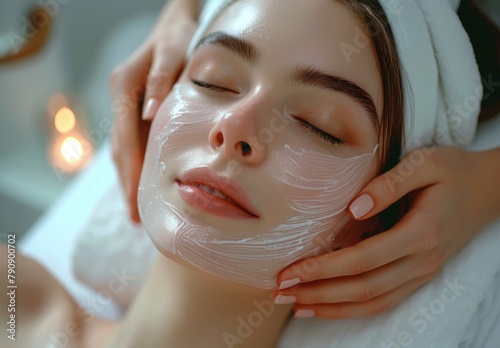 Young beautiful girl having face massage relaxing in spa