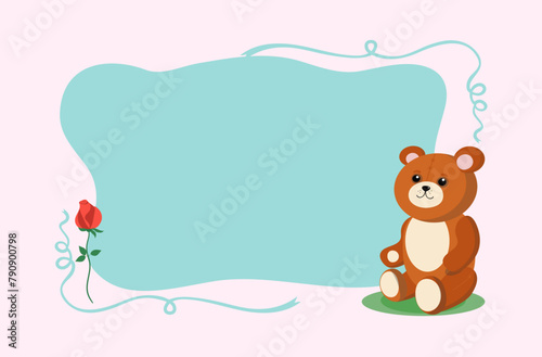 Frame, postcard, flyer mockup. Cute toy teddy bear with a flower, rose. A smiling teddy bear is sitting. Soft cartoon toy. Place for inscriptions. Vector illustration