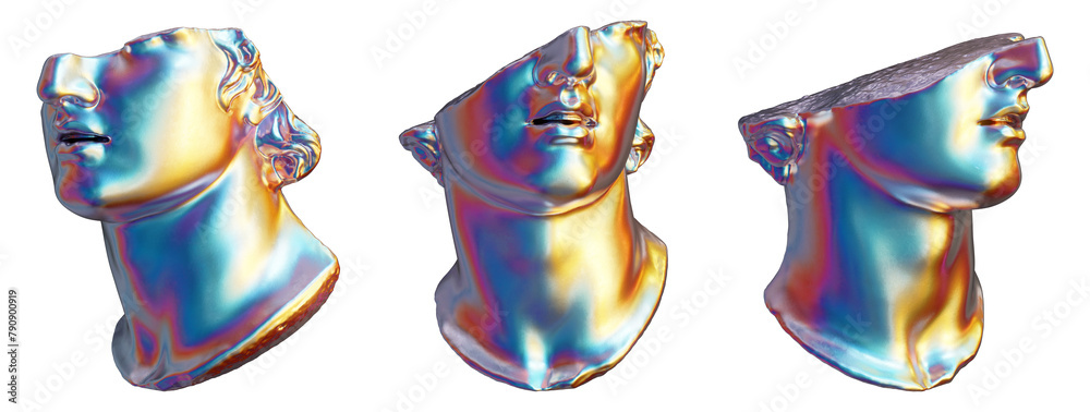 Εκτύπωση καμβά Fragmented classical sculpture of the head of a youth in iridescent chrome isolated on transparent background