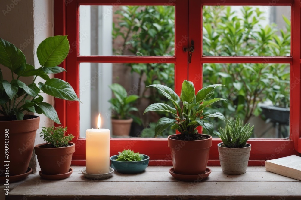 Red window with candle and potted plant