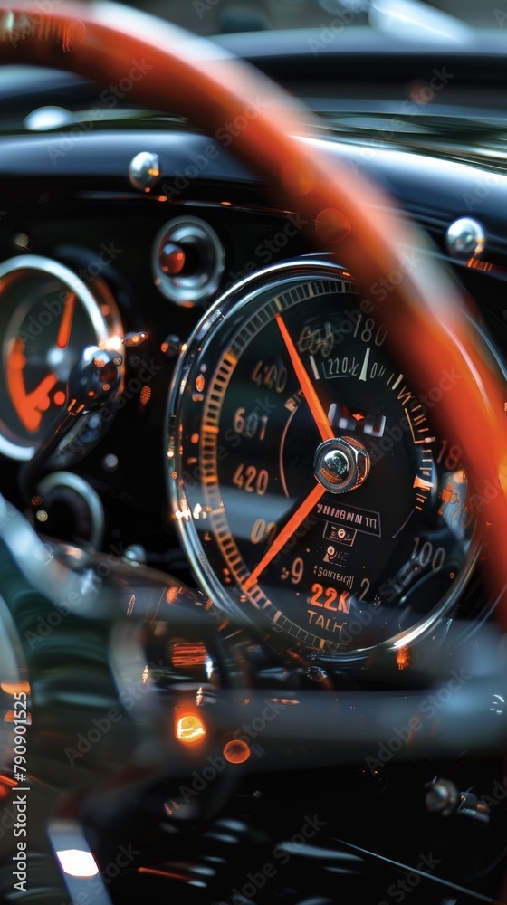 Dashboard of a classic car with a clock and steering wheel. Vertical background 