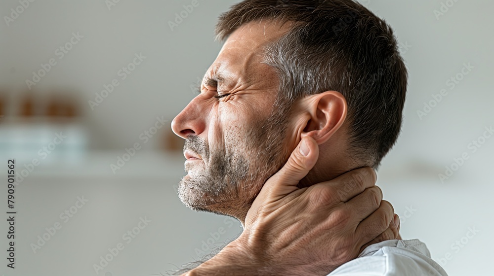 Obraz premium Portrait of a man in a white shirt holding his neck in pain. Emotion of pain, stiffness