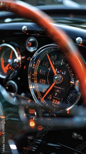 Dashboard of a classic car with a clock and steering wheel. Vertical background 