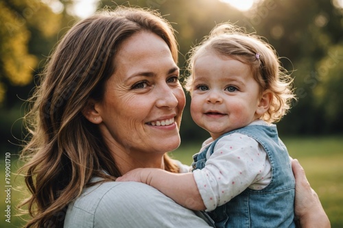 Portrait of happy mother holding baby daughter outdoors