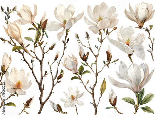 Set of branches of blooming magnolia trees  large and fragrant