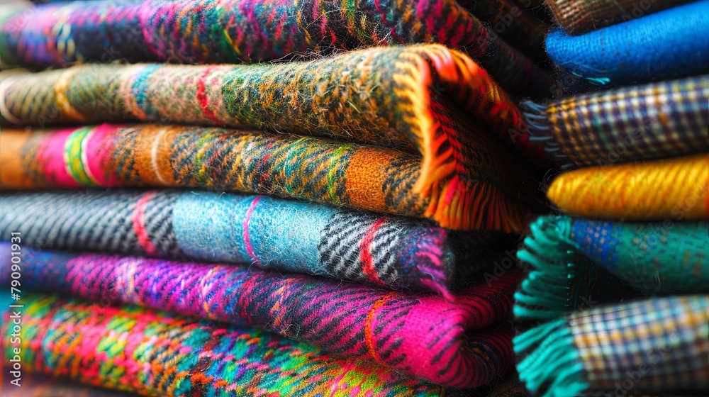 Colorful stacked woven blankets in a vibrant pattern display