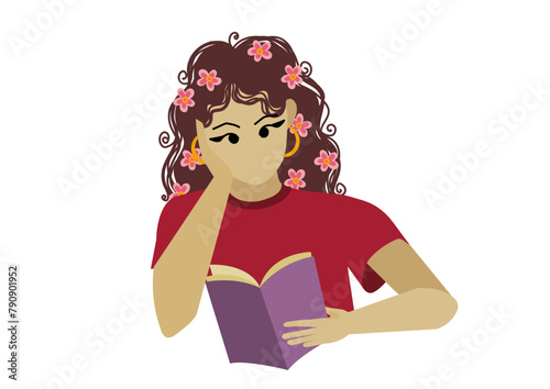 Woman reading book. Girl studies. Student doing homework. School, education, read, study