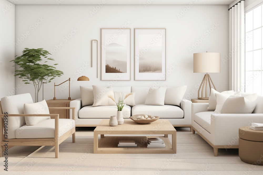 Interior design of a serene Scandinavian living room blending clean lines, muted tones, and natural materials to evoke a sense of tranquility and sophistication.