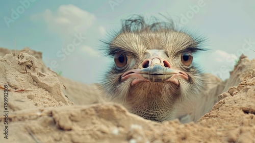 Curious ostrich peeking through sandy terrain under blue sky