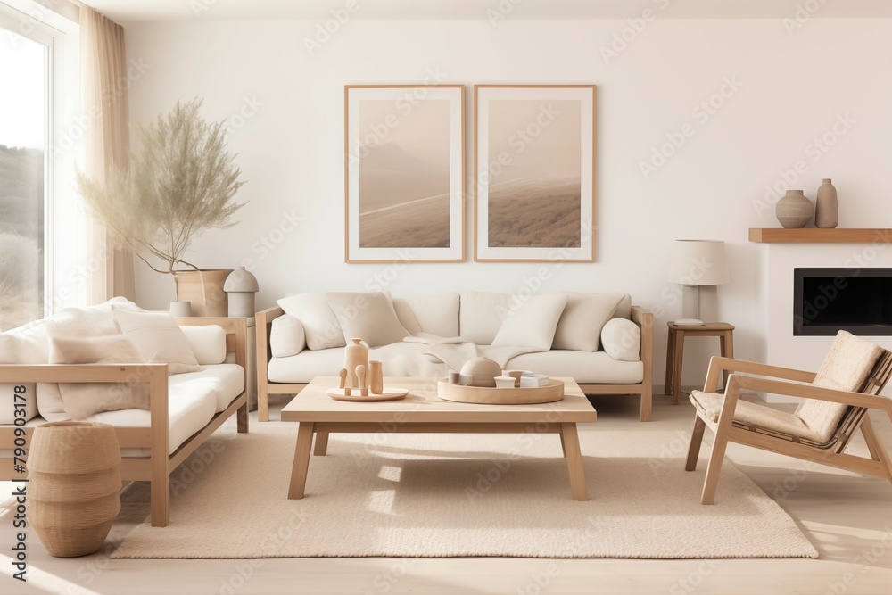 Interior design of a serene Scandinavian living room blending clean lines, muted tones, and natural materials to evoke a sense of tranquility and sophistication.